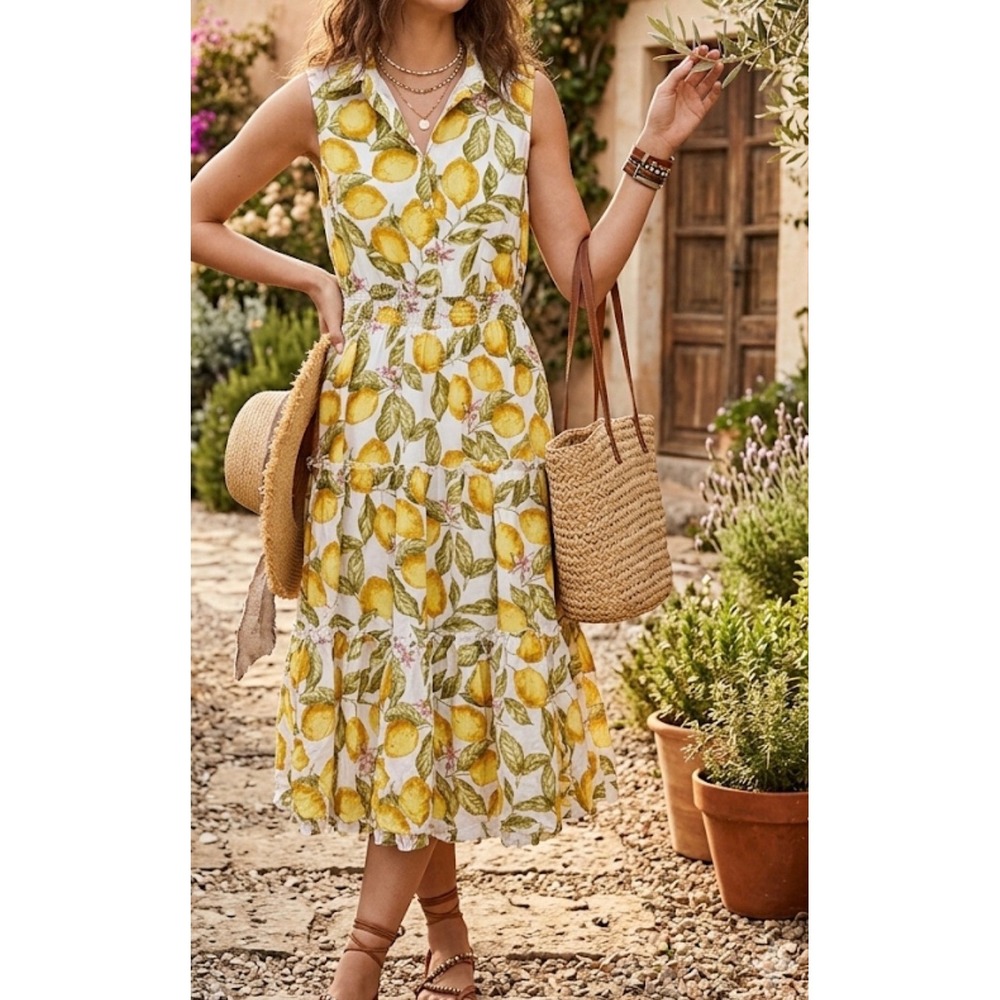 Alex & Parker sz L Lemon Print Collar Button Front Midi Dress Garden Brunch Chic